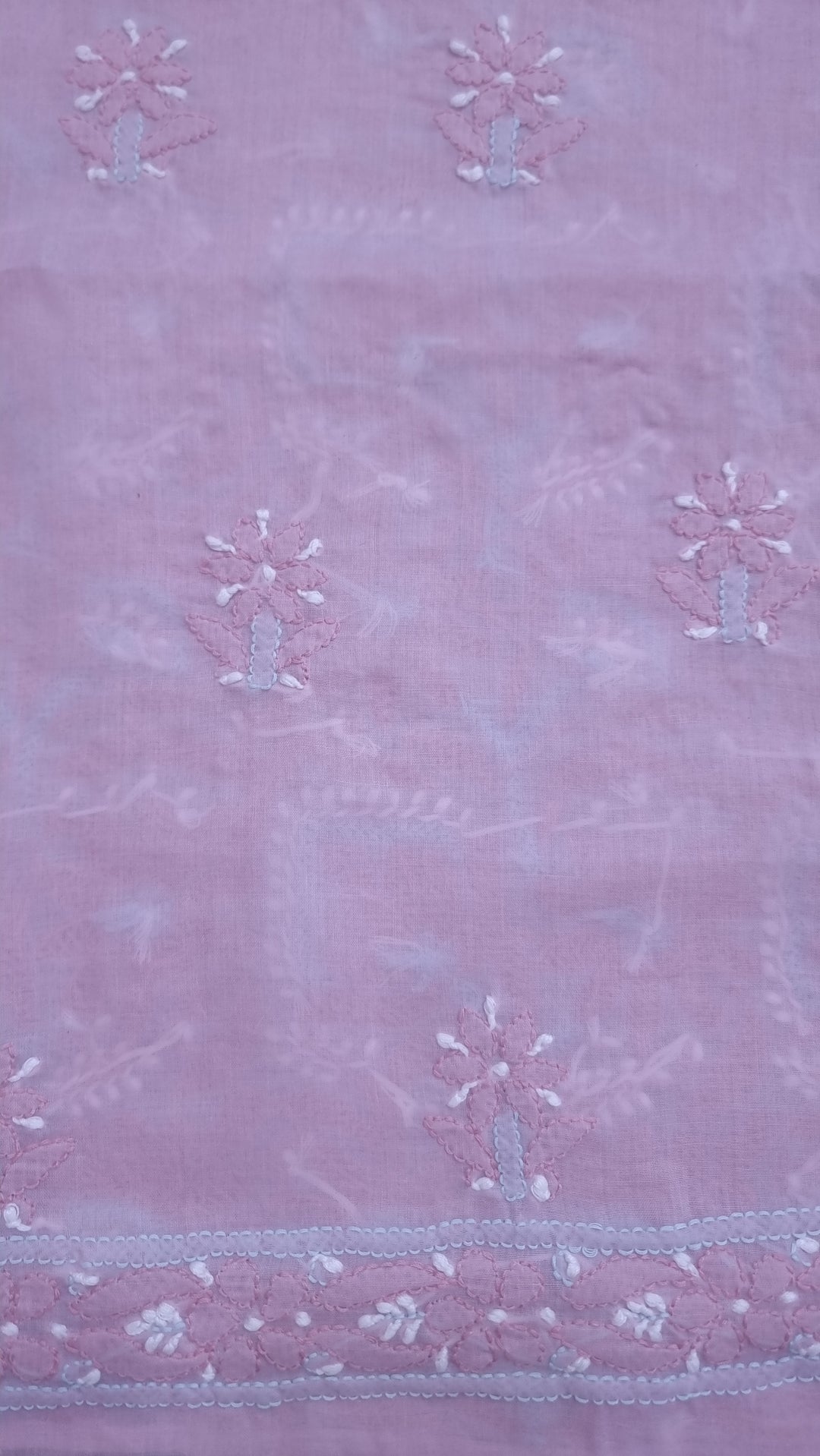 Lucknow Chikankari Hand Embroidered Cotton Dress Material with Tri-Color Motifs & Pure Chiffon Dupatta