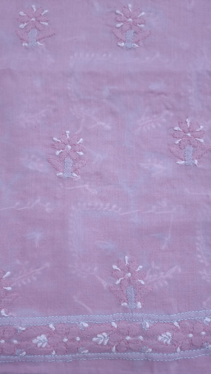 Lucknow Chikankari Hand Embroidered Cotton Dress Material with Tri-Color Motifs & Pure Chiffon Dupatta