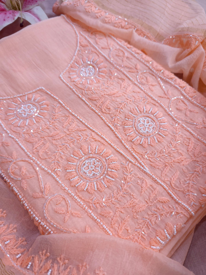 Hiba Premium Mul Chanderi Supersoft Dyeable Chikankari Dress Material | Hand Embroidered with Pearls & Cutdaana | Kurta & Dupatta Set