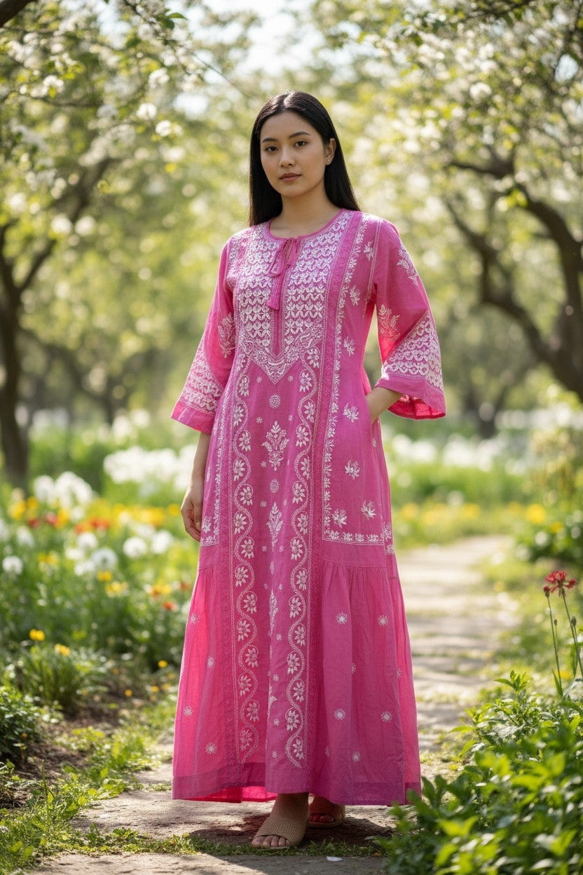 Pure Muslin luxurious long dress with *2 taar chikankari work* Length 50 " approx