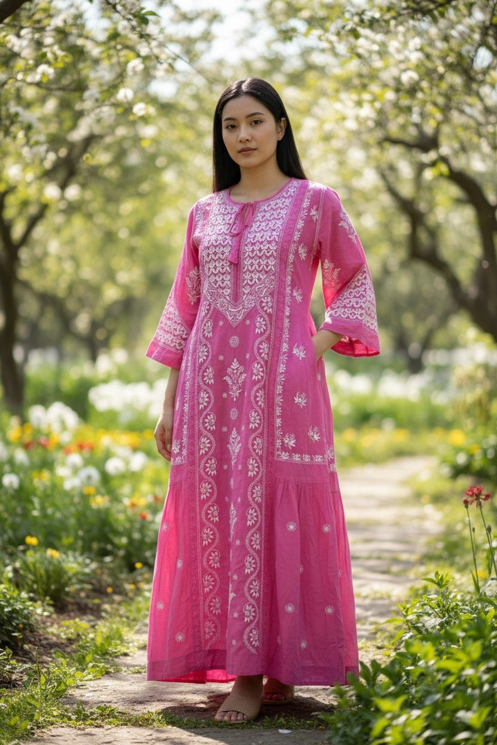 Pure Muslin luxurious long dress with *2 taar chikankari work* Length 50 " approx