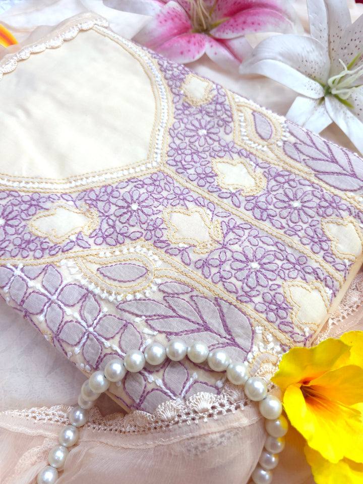 Lucknow Chikankari Hand Embroidered Cotton Dress Material with Tri-Color Motifs & Pure Chiffon Dupatta