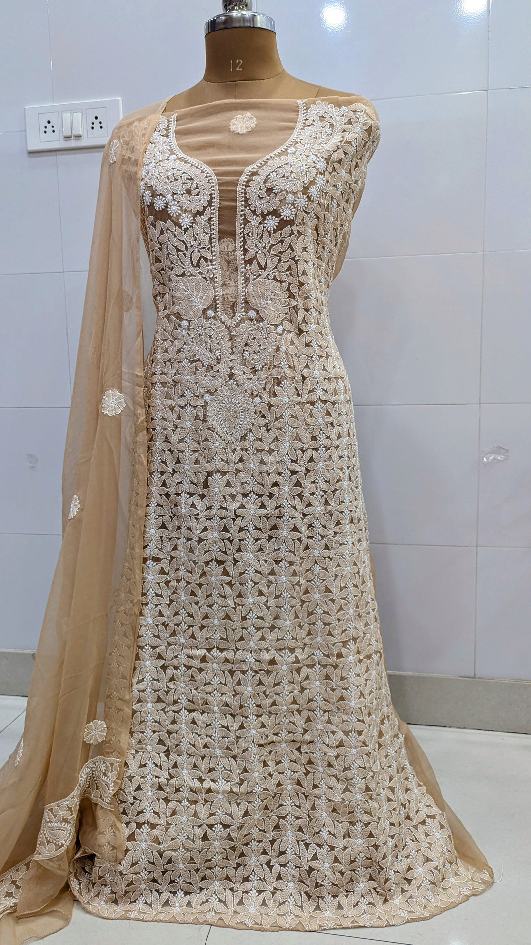 Unstitched Georgette Chikankari Dress Material | Hand Embroidered Kurta, Bottom & Dupatta
