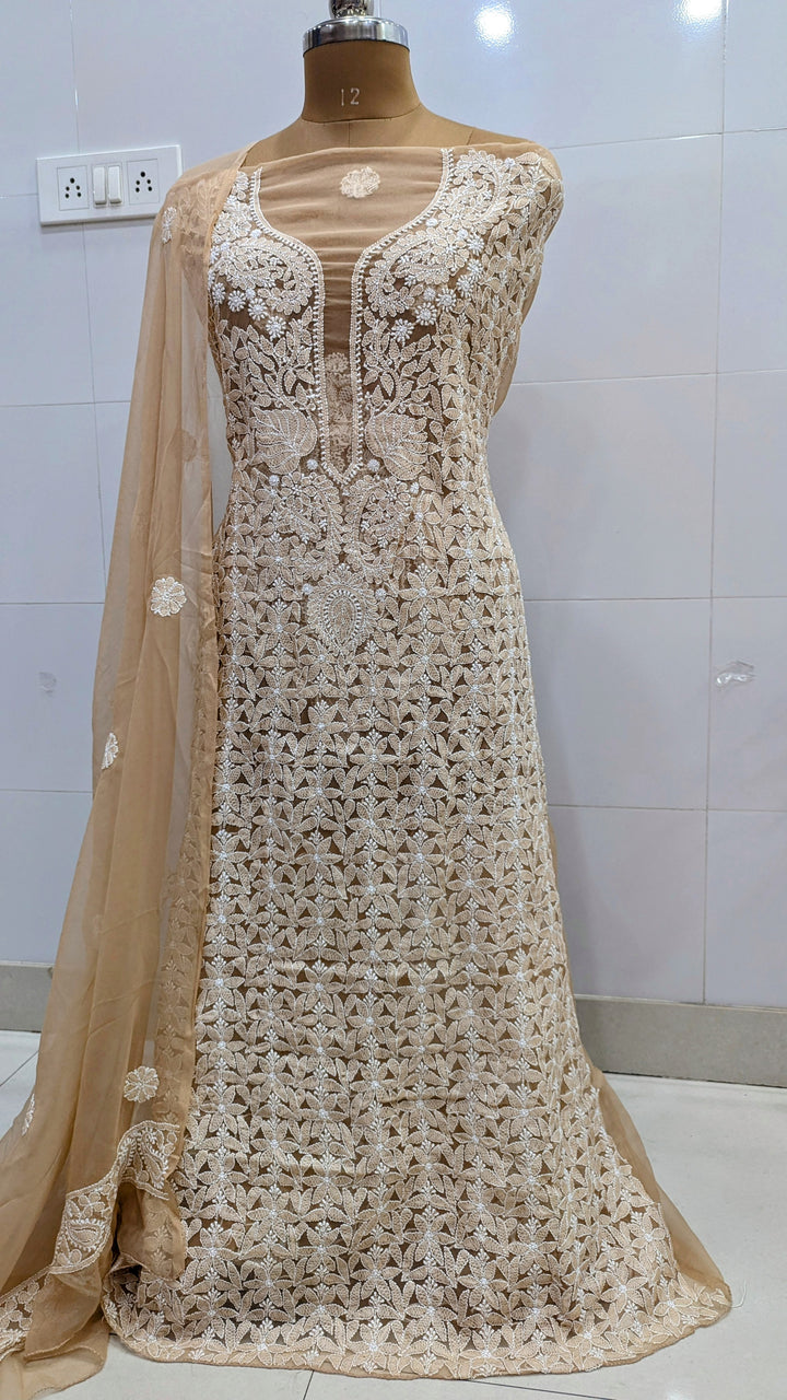 Unstitched Georgette Chikankari Dress Material | Hand Embroidered Kurta, Bottom & Dupatta
