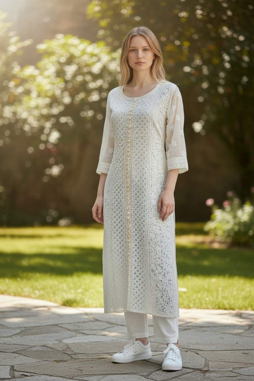 Women's Chikankari Georgette Front-Open Look Kurta | Hand Embroidered Lucknowi Ethnic Wear