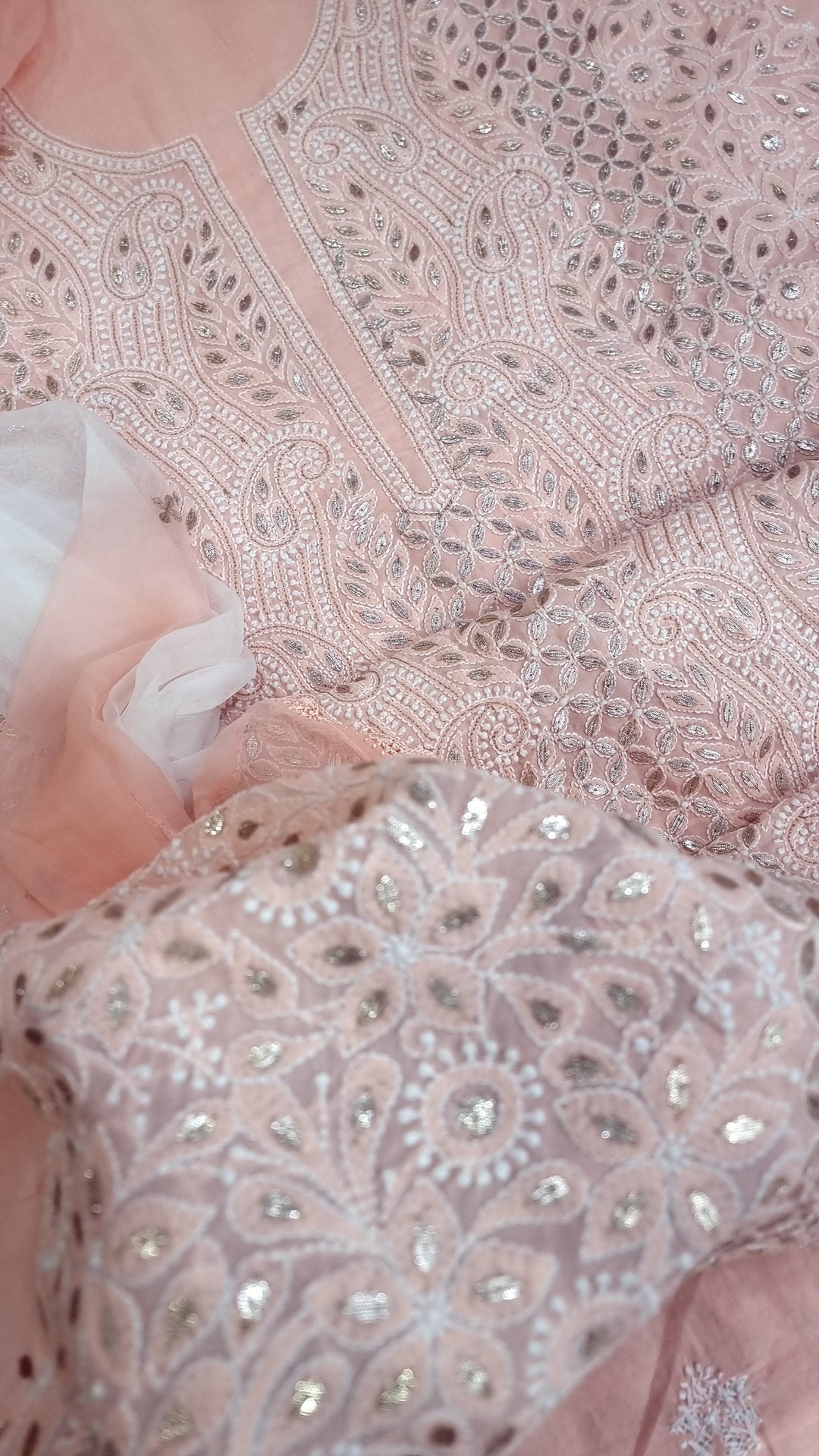 Peach Unstitched Soft Cotton Chikankari Suit Set – Aari, Kasab & Gotta Patti Embellished with Pure Chiffon Dupatta (Copy)