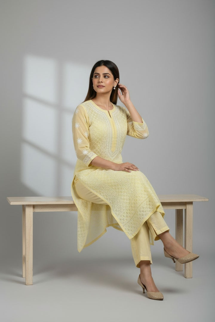 Mahi Women's Chikankari Georgette Full Embroidered Kurta | Hand Embroidered Lucknowi Ethnic Wear