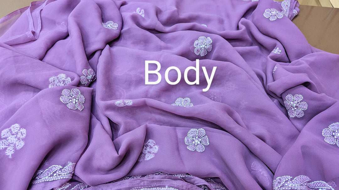 Faux Georgette Hand Chikankari Saree with Exclusive Border & Palla Design | Embroidered Blouse Included | Authentic Lucknow Handicraft by Paridhan Chikan