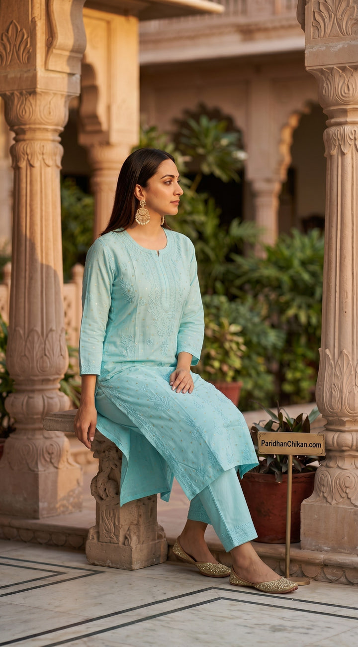 Kiara Chikankari Chanderi Golden Zari Buti Kurti for Women | Soft Non-Transparent | Paridhan Chikan