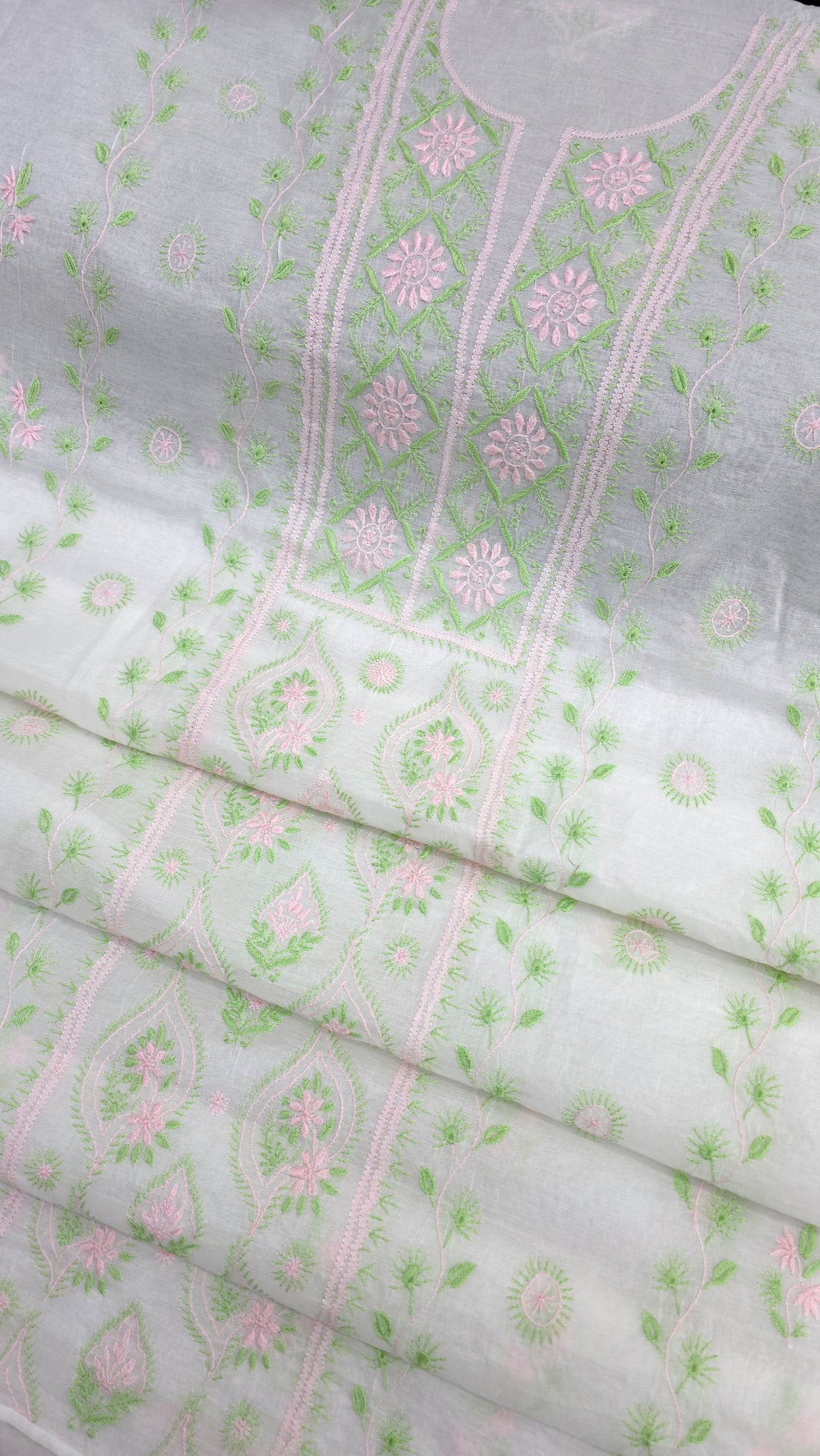 Pure Mul Chanderi 2 Taar Hand Embroidered Chikankari Unstitched Kurta (3 M) with Dupatta (2.5 M) – Lucknowi Festive Collection