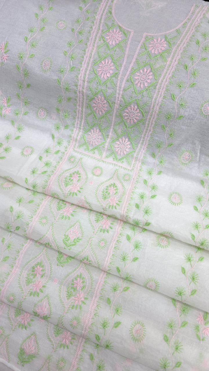 Pure Mul Chanderi 2 Taar Hand Embroidered Chikankari Unstitched Kurta (3 M) with Dupatta (2.5 M) – Lucknowi Festive Collection