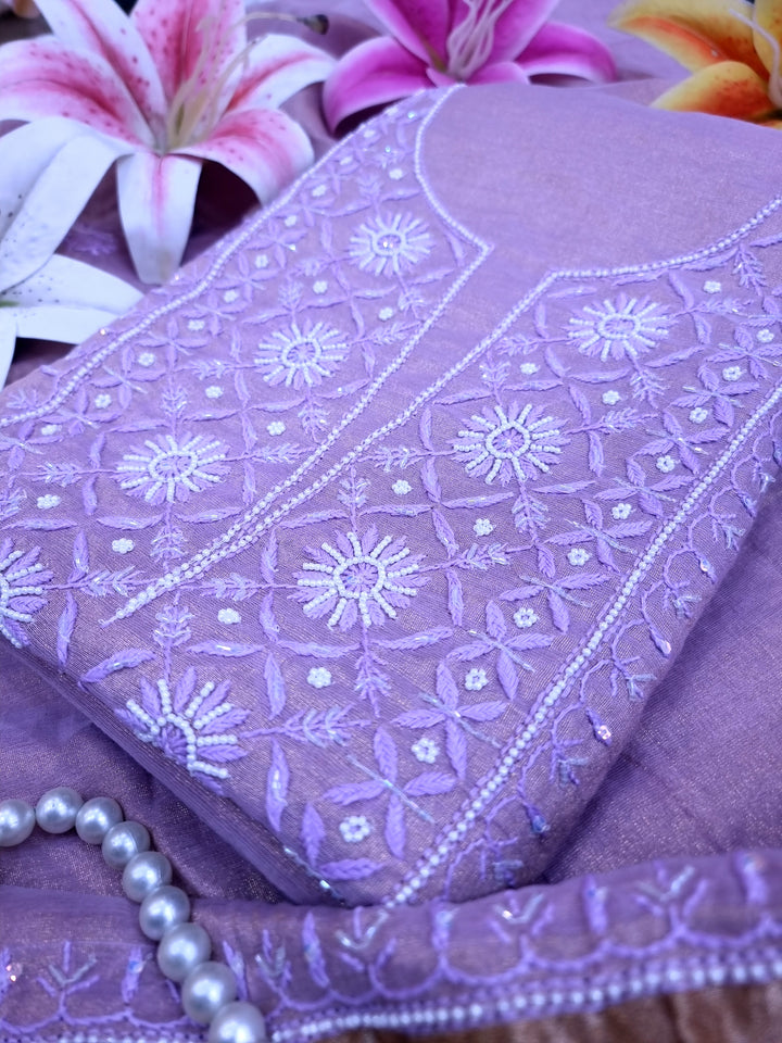 Soft Tissue Chikankari Unstitched Dress Material | 3 Taar Hand Embroidery with Pearl & Cutdana Work + Golden Border Dupatta