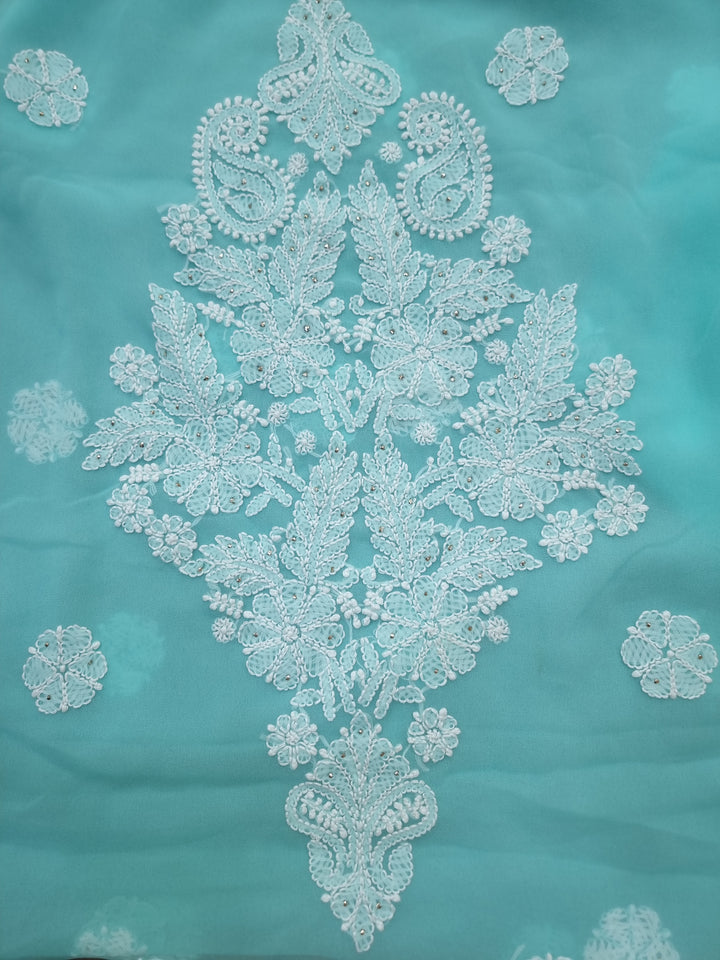 Mukesh Kaamdani Georgette Chikankari Hand Embroidery Dress Material - Sea Green