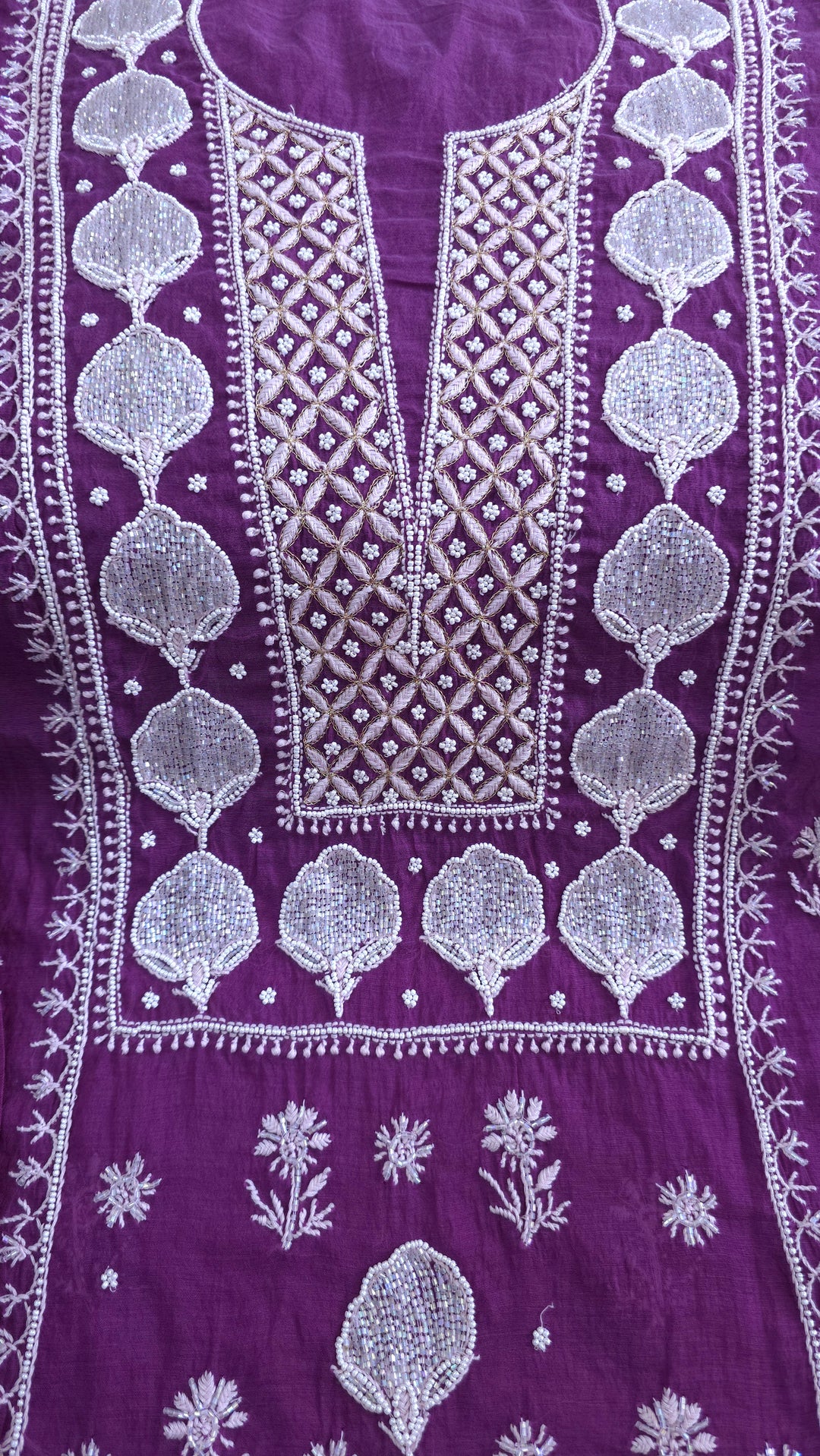 Premium Mul Chanderi Pearl, Cutdana & Kasab Hand Embroidered Unstitched Suit Set