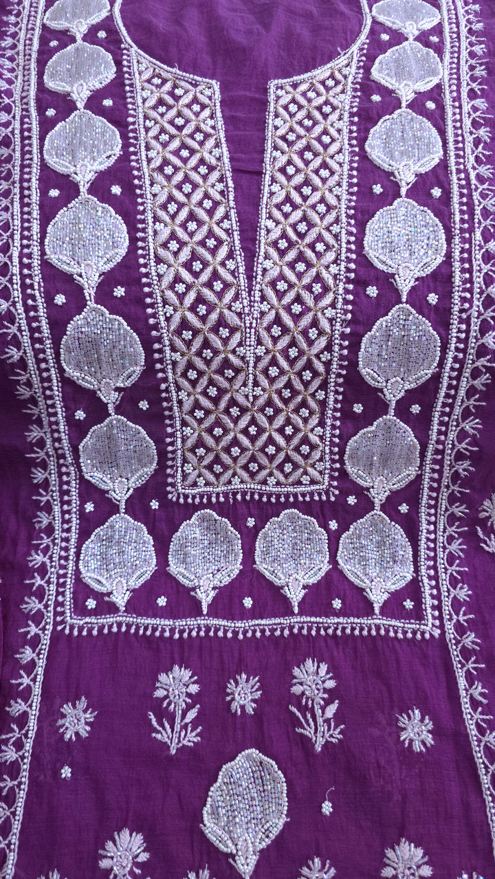 Premium Mul Chanderi Pearl, Cutdana & Kasab Hand Embroidered Unstitched Suit Set