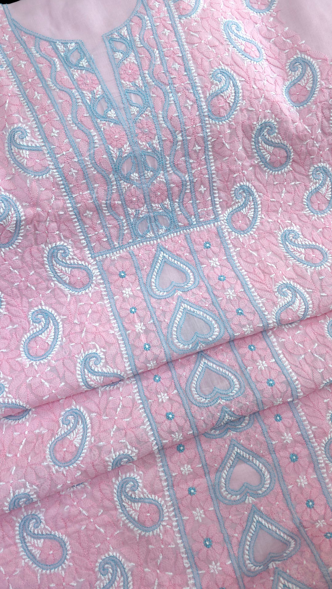 Lucknow Chikankari Hand Embroidered Cotton Dress Material with Tri-Color Motifs & Pure Chiffon Dupatta