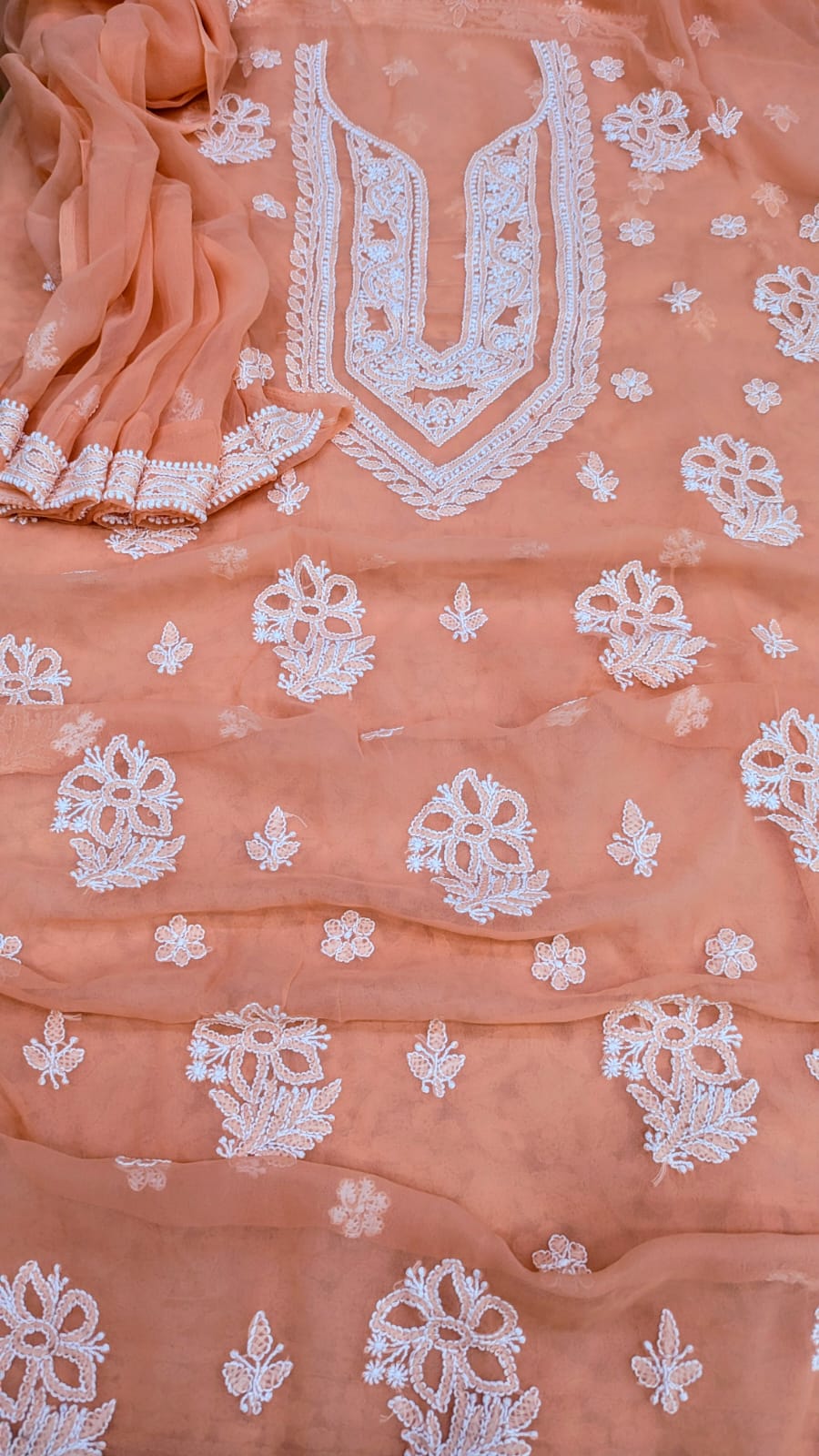 Lucknowi Georgette Chikankari Dress Material – Hand Embroidery Kurta, Bottom & Dupatta | Festive Queen Shades