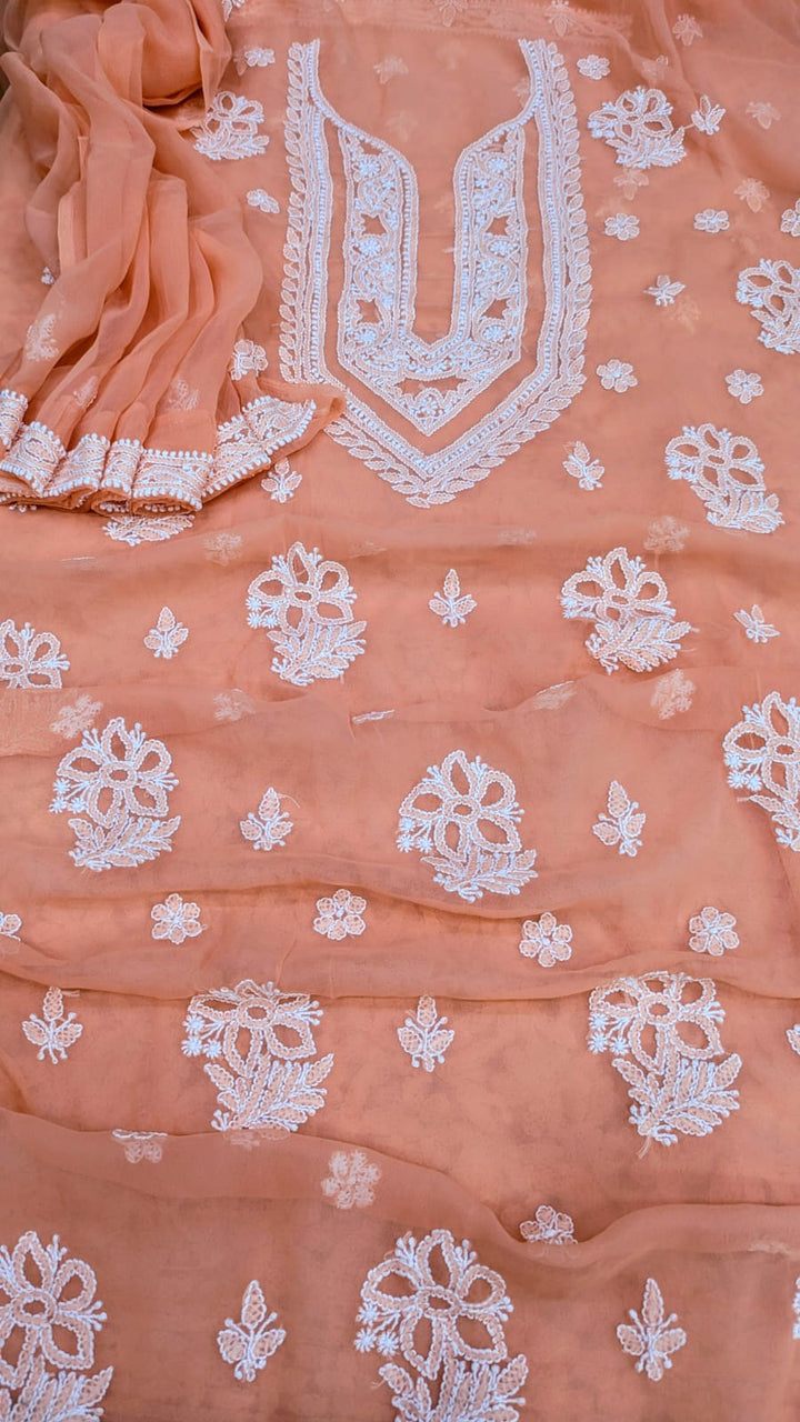 Lucknowi Georgette Chikankari Dress Material – Hand Embroidery Kurta, Bottom & Dupatta | Festive Queen Shades