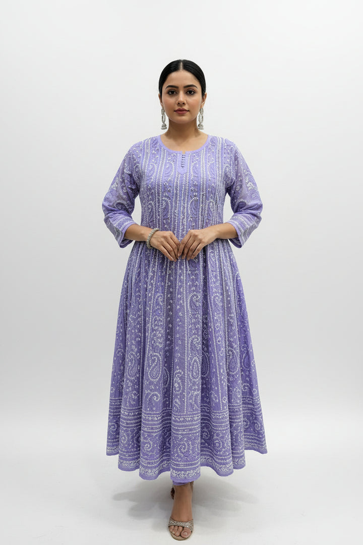 Cotton Lucknowi Chikankari 44" Long Anarkali Kurti | 100% Hand Embroidered| No Shrinkage