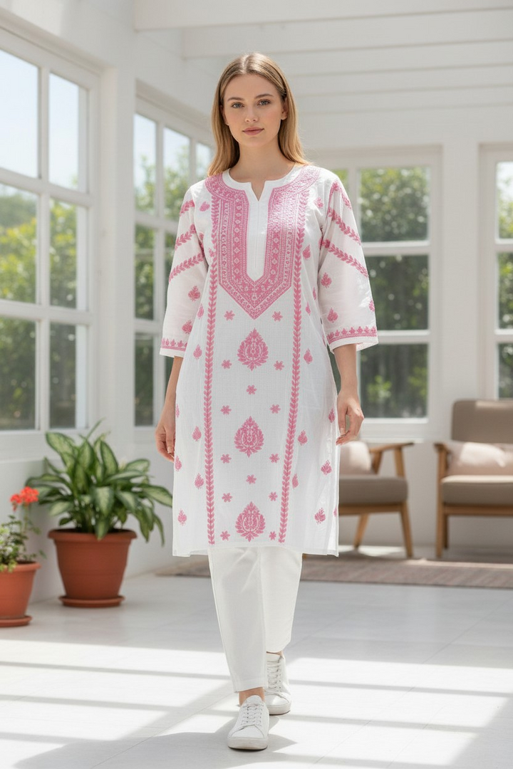 Modal Chikankari Hand Embroidered Kurti for Women | Premium Soft & Non-Transparent Fabric | 46 Inch Length | Lucknowi Chikan Kurta