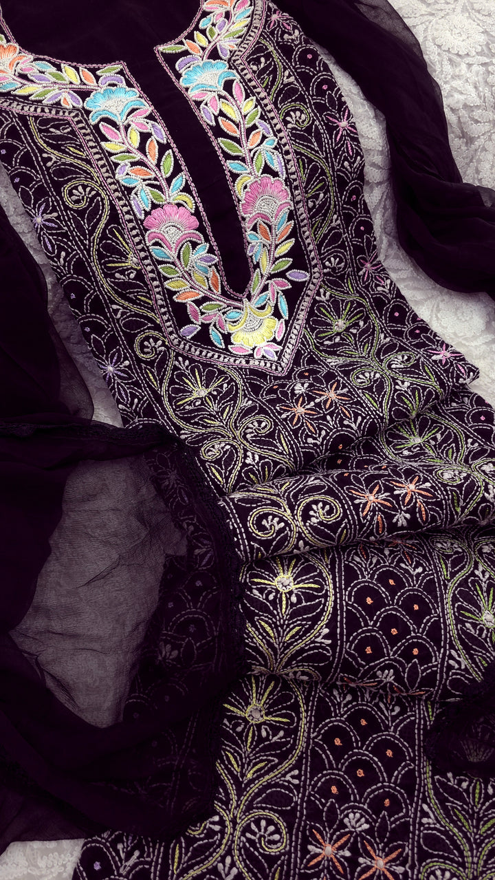 Cotton Resham Neckline chikankari dress material- Black