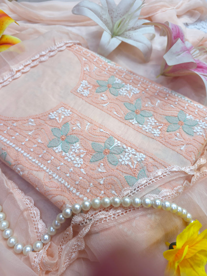 Lucknow Chikankari Hand Embroidered Cotton Dress Material with Tri-Color Motifs & Pure Chiffon Dupatta