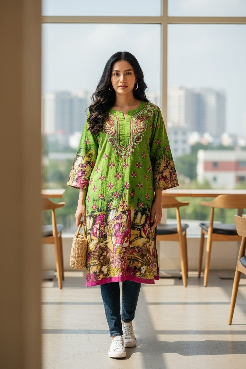 Pure Cotton Lucknowi Chikankari 40" Long Kurti | 100% Hand Embroidered | Non-Transparent | No Shrinkage