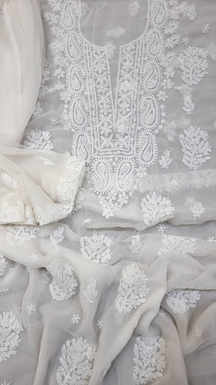 Lucknowi Georgette Chikankari Dress Material – Hand Embroidery Kurta, Bottom & Dupatta | Festive Queen Shades