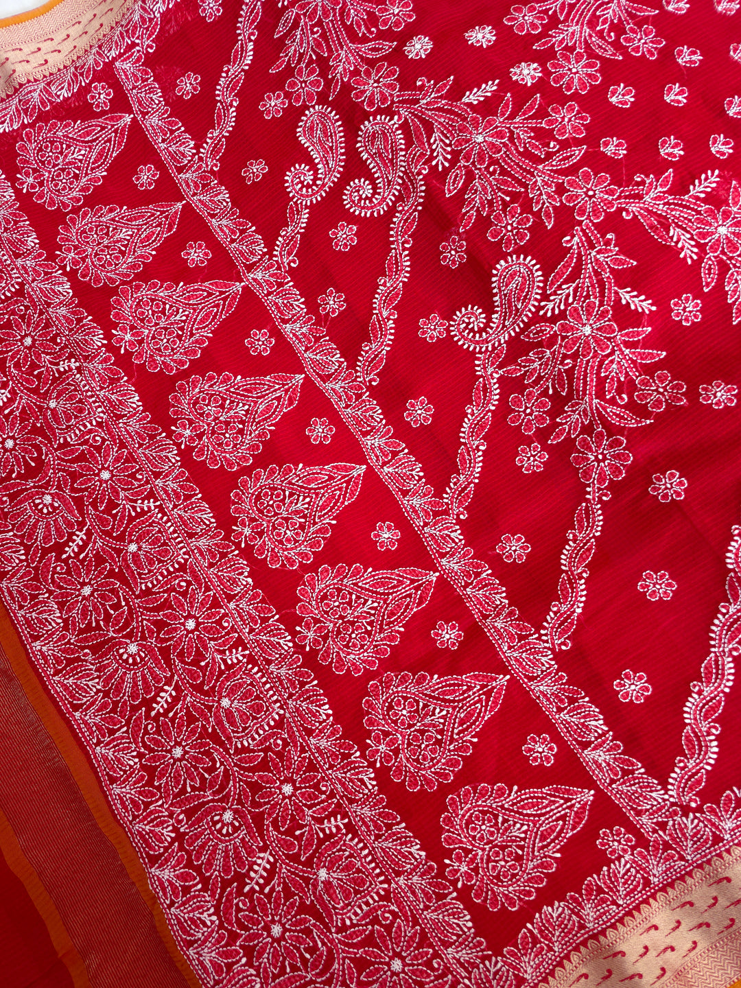 Hand Embroidered Chikankari Banarasi Silk Saree with Intricate Border & Palla Pattern – Includes  Blouse | Paridhan Chikan