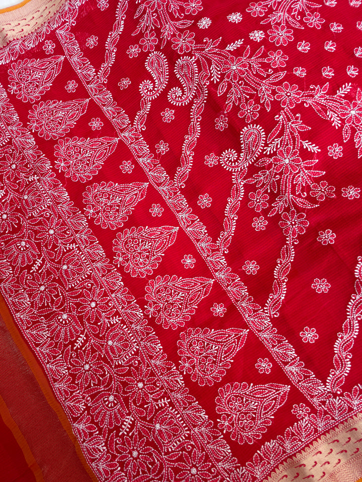 Hand Embroidered Chikankari Banarasi Silk Saree with Intricate Border & Palla Pattern – Includes  Blouse | Paridhan Chikan