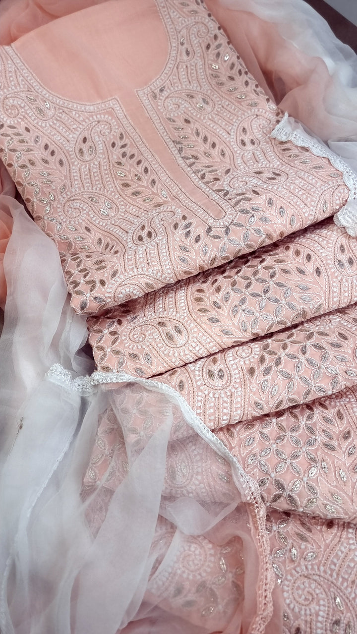 Peach Unstitched Soft Cotton Chikankari Suit Set – Aari, Kasab & Gotta Patti Embellished with Pure Chiffon Dupatta (Copy)