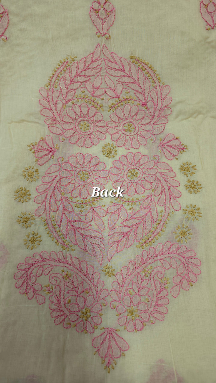 Lucknow Chikankari Hand Embroidered Cotton Dress Material with Tri-Color Motifs & Pure Chiffon Dupatta