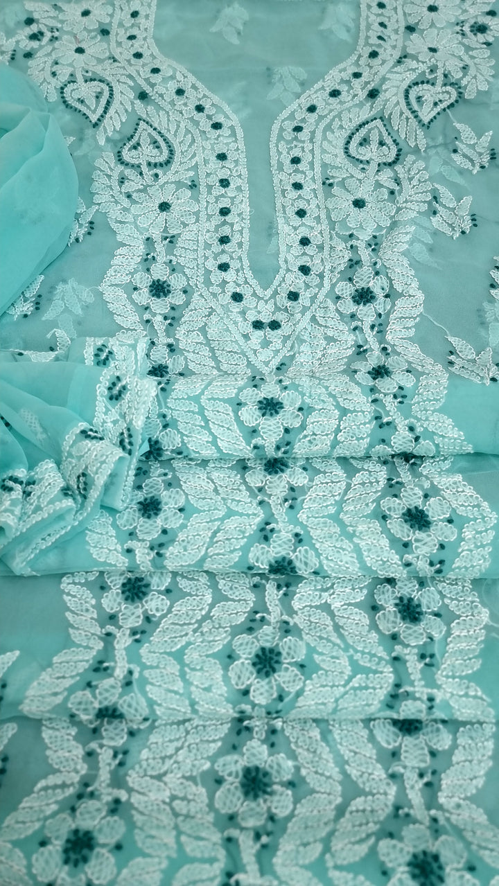 "Paridhan Chikan Sea Green Color Georgette Lucknowi Chikankari Unstitched Suit Set – Hand Embroidered Kurta, Bottom & Dupatta for Women"