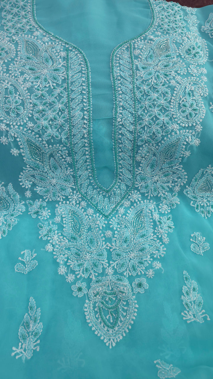 Alina Heavy Embellished Georgette Chikankari Unstitched Dress Material | Cutdana Handwork