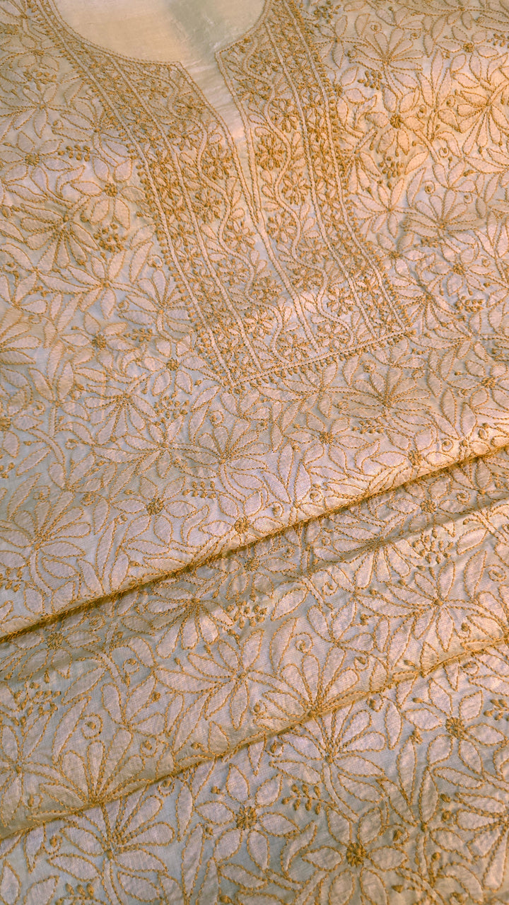 Pure Paper Silk Chikankari Fabric | Full Jaal Hand Embroidery Kurta Fabric for Women