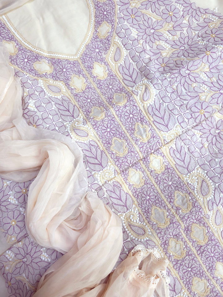 Lucknow Chikankari Hand Embroidered Cotton Dress Material with Tri-Color Motifs & Pure Chiffon Dupatta