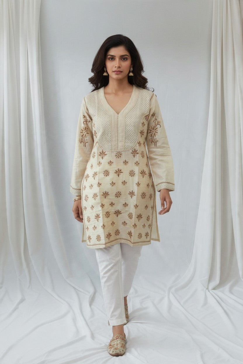 Saira Non Transparent - Soft Chanderi chikankari medium length kurti |36-38" approx