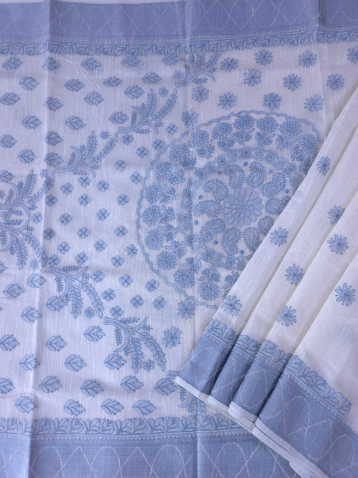 Hand Embroidered Chikankari Banarasi Silk Saree with Intricate Border & Palla Pattern – Includes  Blouse | Paridhan Chikan