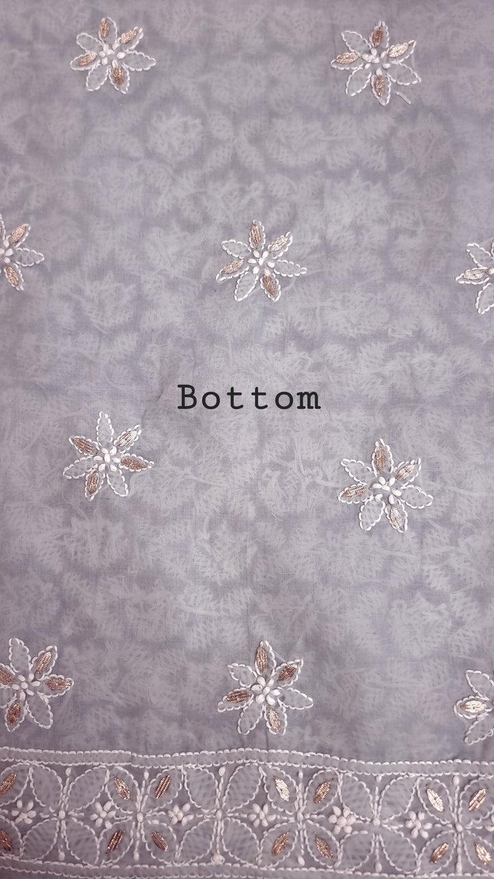 Grey Unstitched Soft Cotton Chikankari Suit Set – Aari, Kasab & Gotta Patti Embellished with Pure Chiffon Dupatta