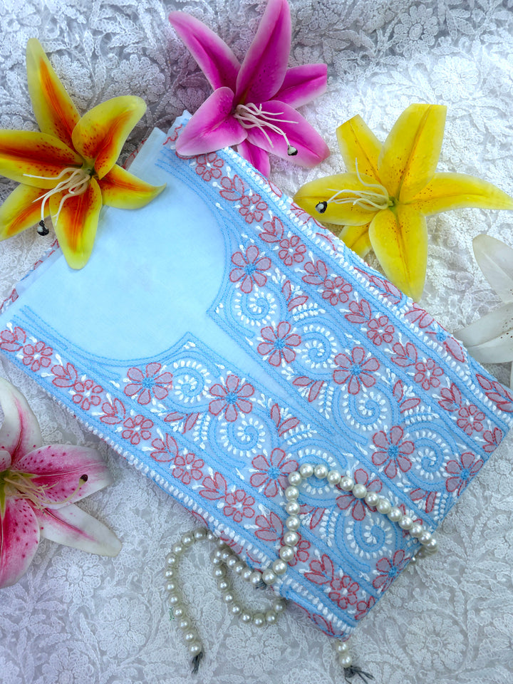 Lucknow Chikankari Hand Embroidered Cotton Dress Material with Tri-Color Motifs & Pure Chiffon Dupatta