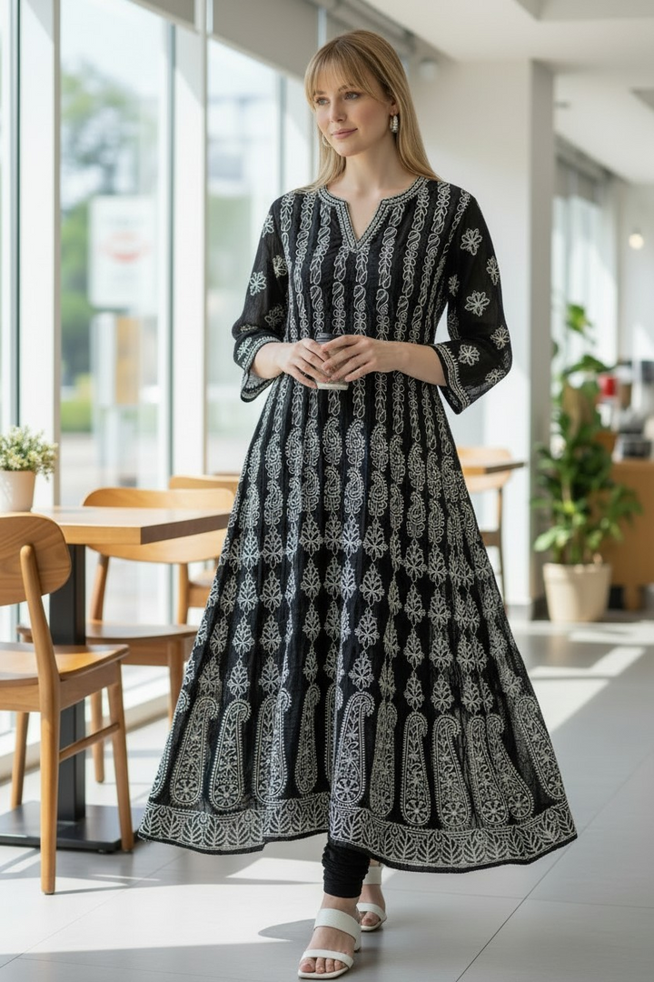 Georgette Lucknowi Chikankari Long Anarkali Kurti | 100% Hand Embroidered| No Shrinkage