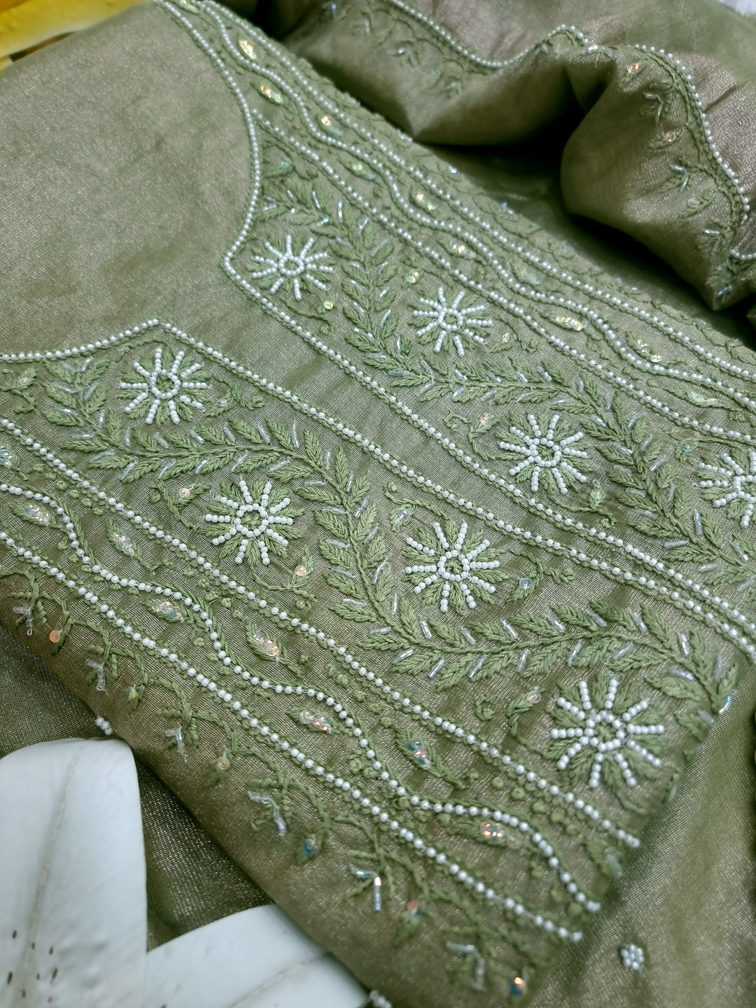 Soft Tissue Chikankari Unstitched Dress Material | 3 Taar Hand Embroidery with Pearl & Cutdana Work + Golden Border Dupatta