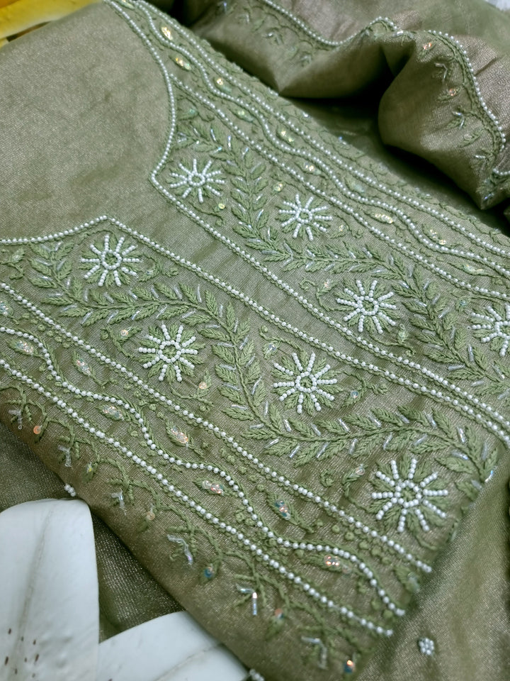 Soft Tissue Chikankari Unstitched Dress Material | 3 Taar Hand Embroidery with Pearl & Cutdana Work + Golden Border Dupatta