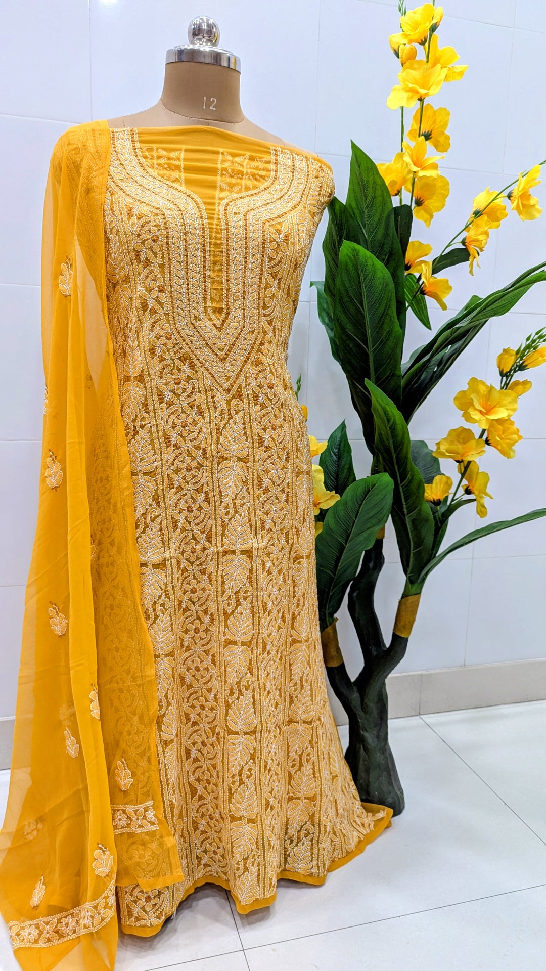 Unstitched Georgette Chikankari Dress Material | Hand Embroidered Kurta, Bottom & Dupatta