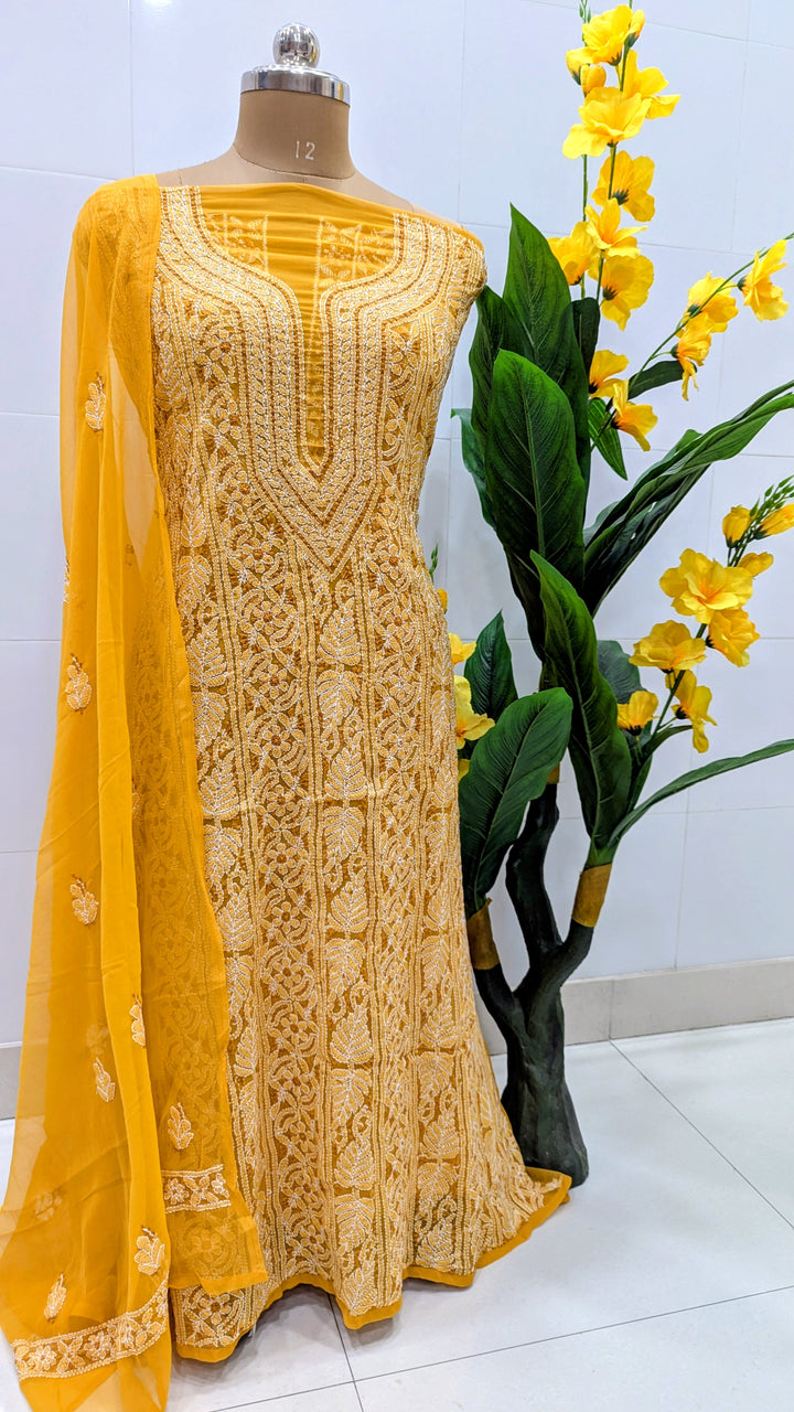Unstitched Georgette Chikankari Dress Material | Hand Embroidered Kurta, Bottom & Dupatta