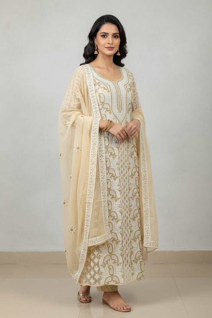 Unstitched Georgette Chikankari Dress Material | Hand Embroidered Kurta, Bottom & Dupatta
