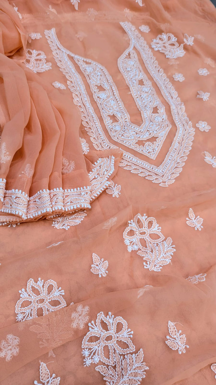 Lucknowi Georgette Chikankari Dress Material – Hand Embroidery Kurta, Bottom & Dupatta | Festive Queen Shades