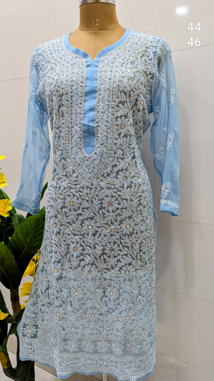 Raha Women’s Georgette Chikankari Kurti –Pearl, mirror n aari work -Designer Hand Embroidered Lucknowi Craft by Paridhan Chikan