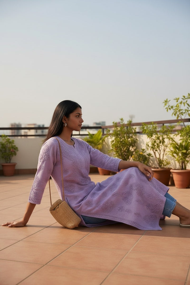 Premium Soft Chanderi Lucknowi Chikankari Long Kurti – 100% Hand Embroidered, Non-Transparent
