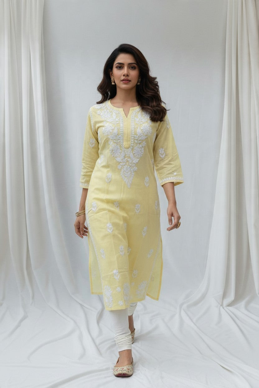 Saba Rayon Chikankari Hand Embroidered Kurti for Women | Premium Soft & Non-Transparent Fabric | 46 Inch Length | Lucknowi Chikan Kurta